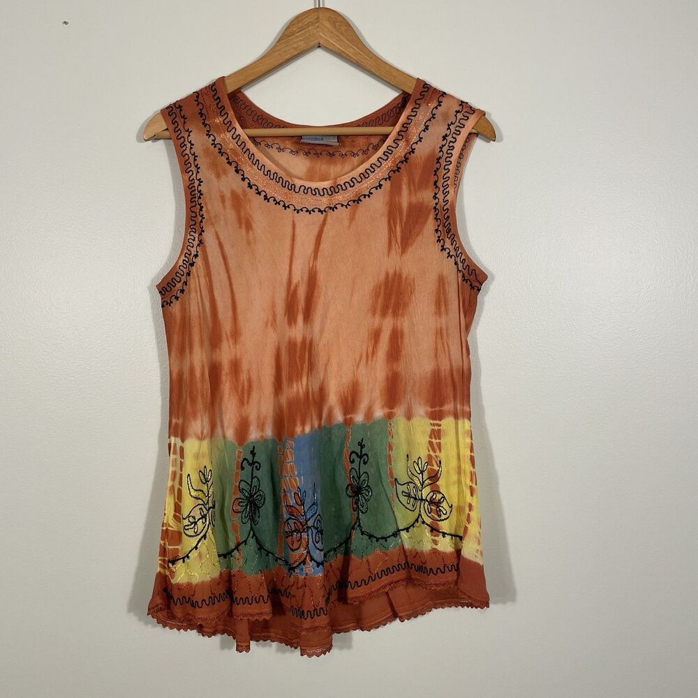 India Boutique Vintage Boho Embroidered Tank Top Orange Made in India Free Size